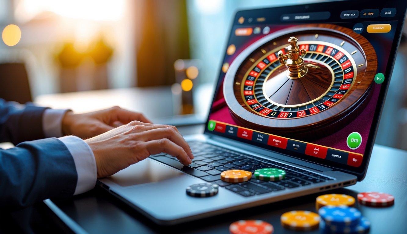 Tangan seseorang sedang bermain roulette online di laptop dengan tampilan roda roulette dan chip warna-warni di layar.