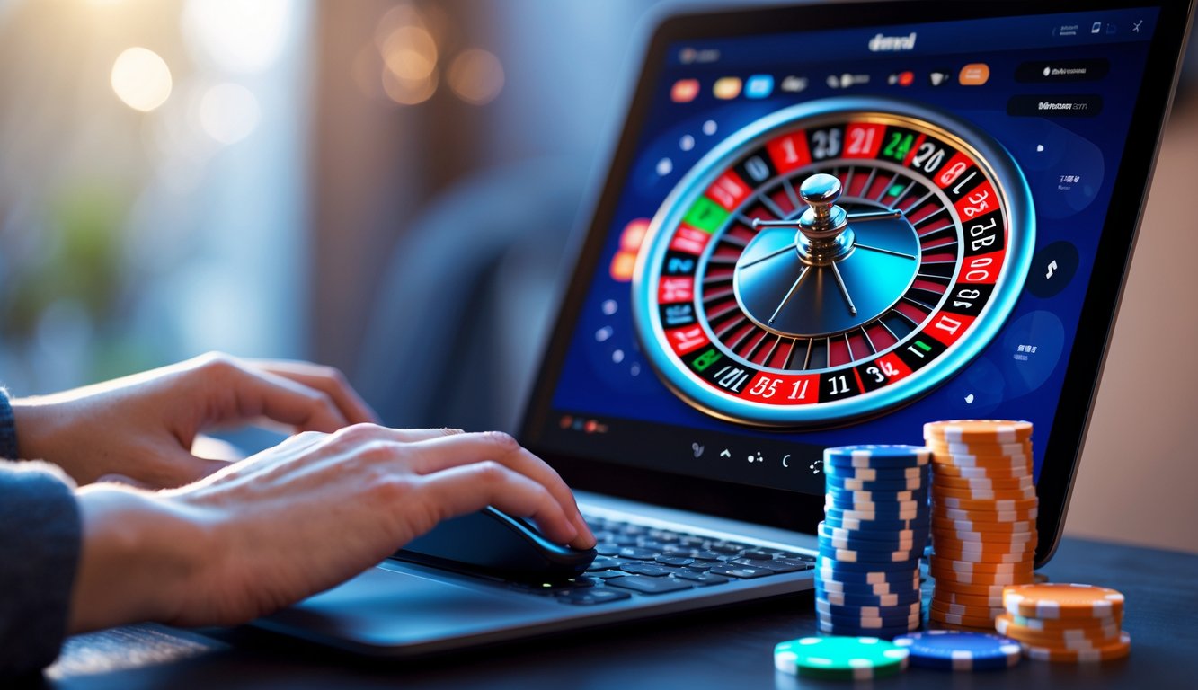 Seseorang bermain roulette online menggunakan laptop dengan tumpukan chip di sampingnya.