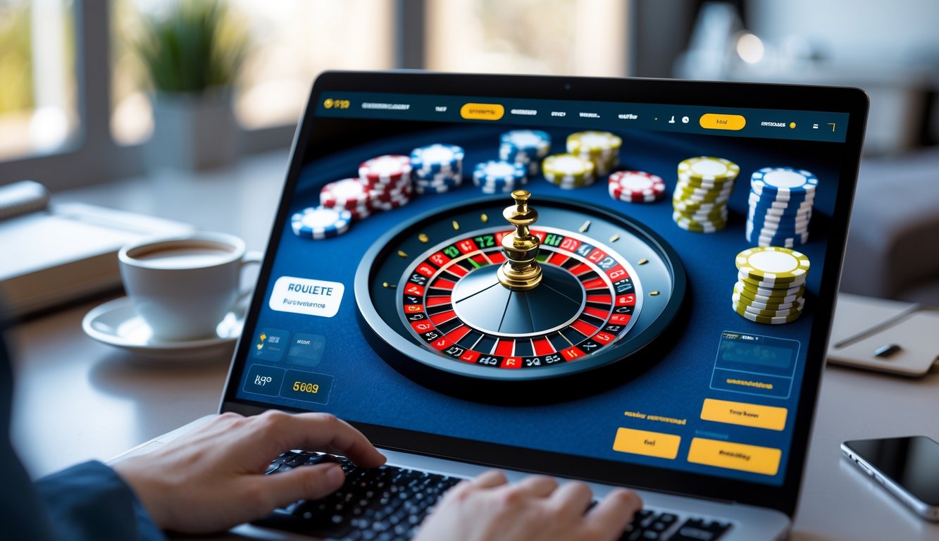 Seseorang menggunakan komputer untuk bermain roulette online dengan uang asli di lingkungan rumah yang nyaman.