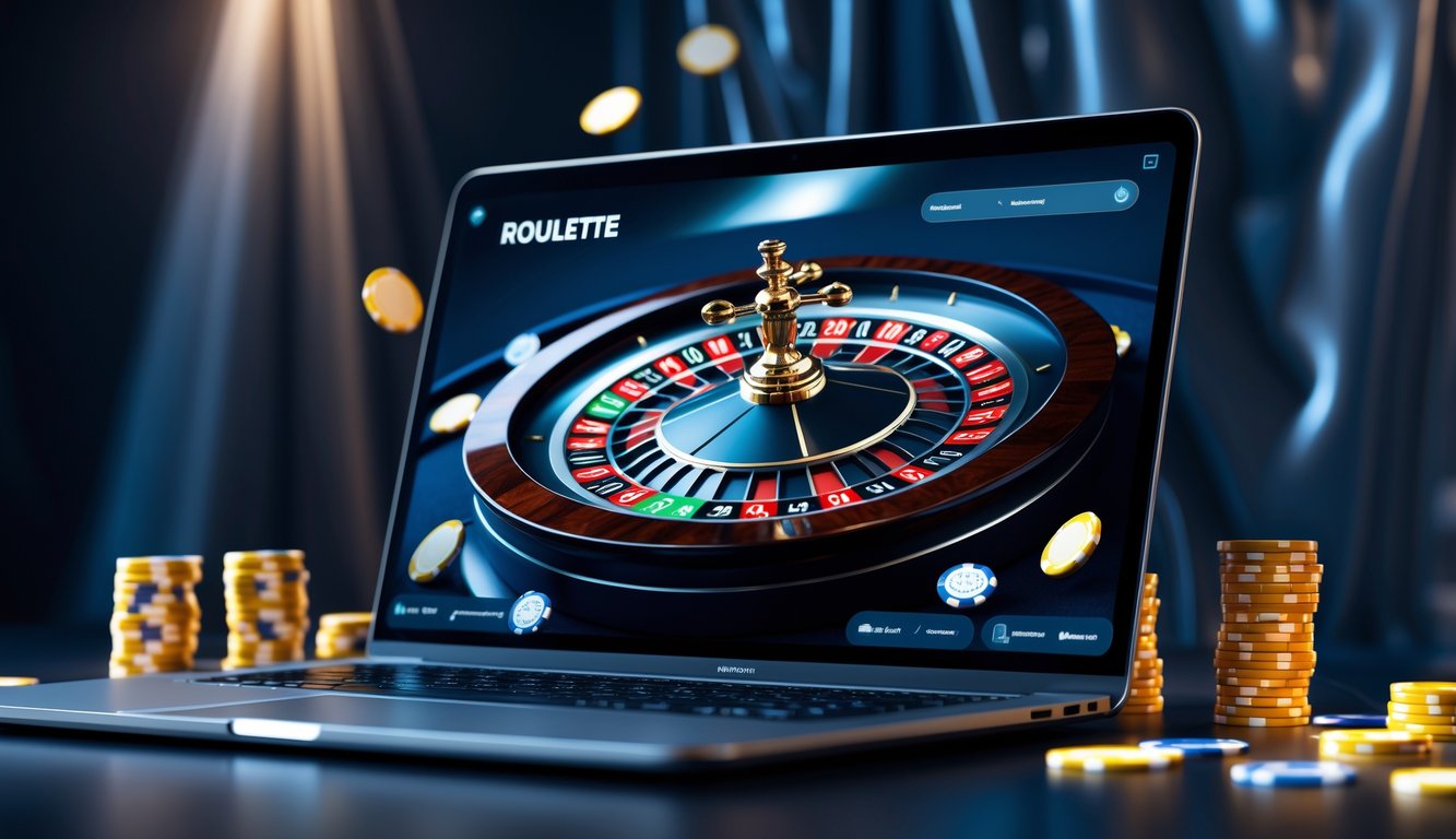 Sebuah meja dengan komputer yang menampilkan permainan roulette online dengan roda roulette yang berputar.