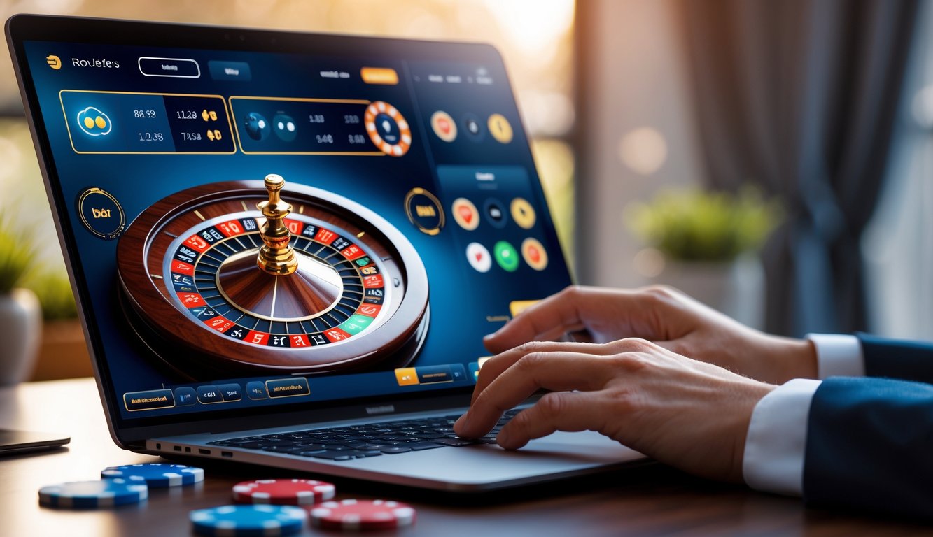 Seseorang sedang bermain roulette online di komputer dengan tampilan roda roulette berputar dan chip taruhan digital.