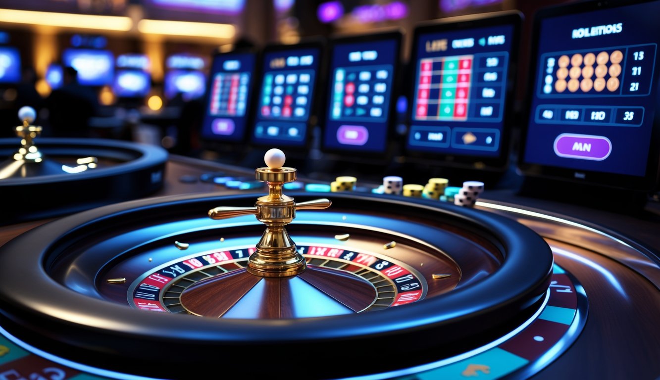 Meja roulette dengan roda berputar dan layar digital menampilkan dealer langsung dan opsi taruhan di kasino online.