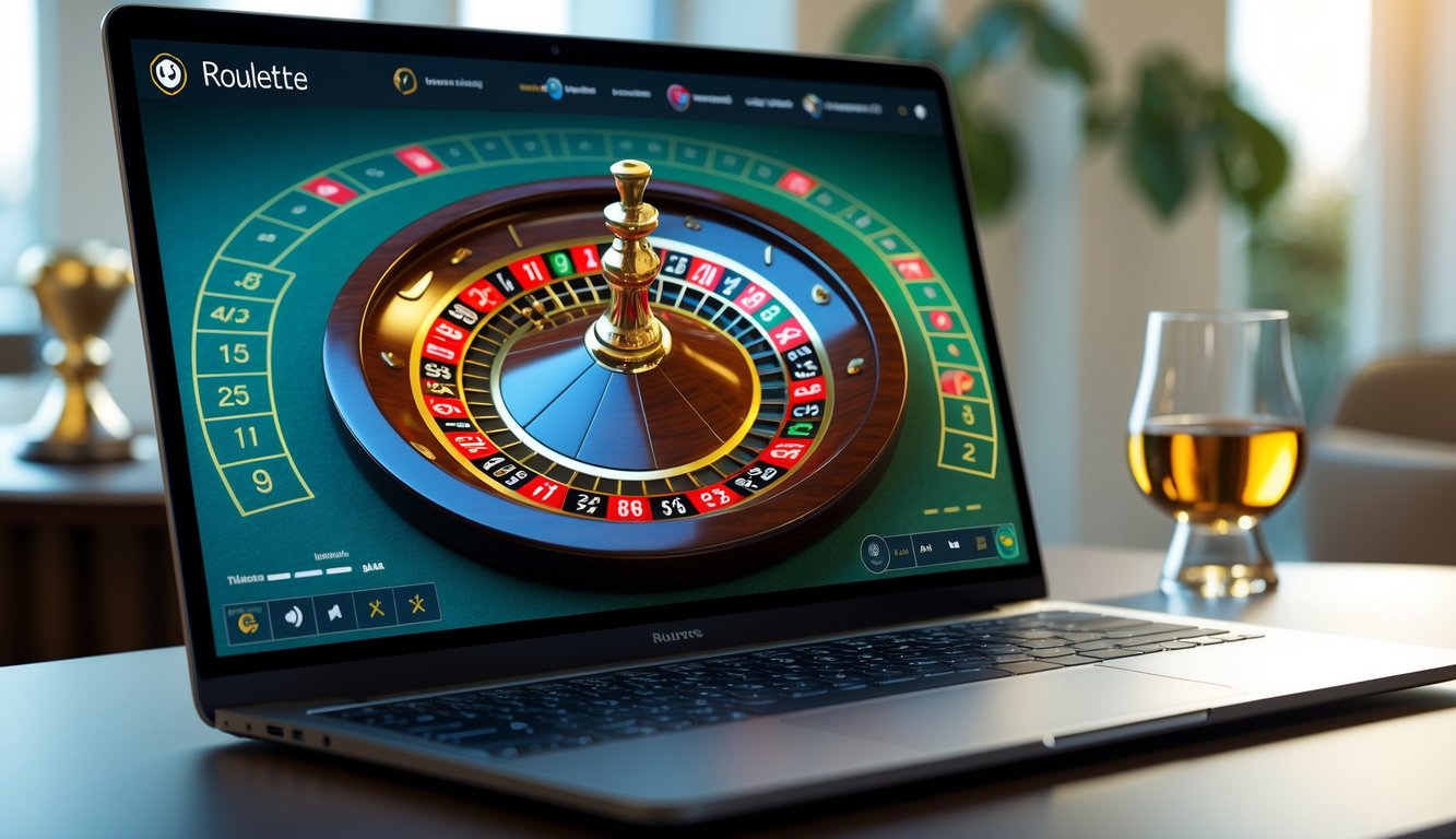 Seseorang sedang bermain roulette online di komputer dengan latar belakang ruangan yang rapi dan terang.