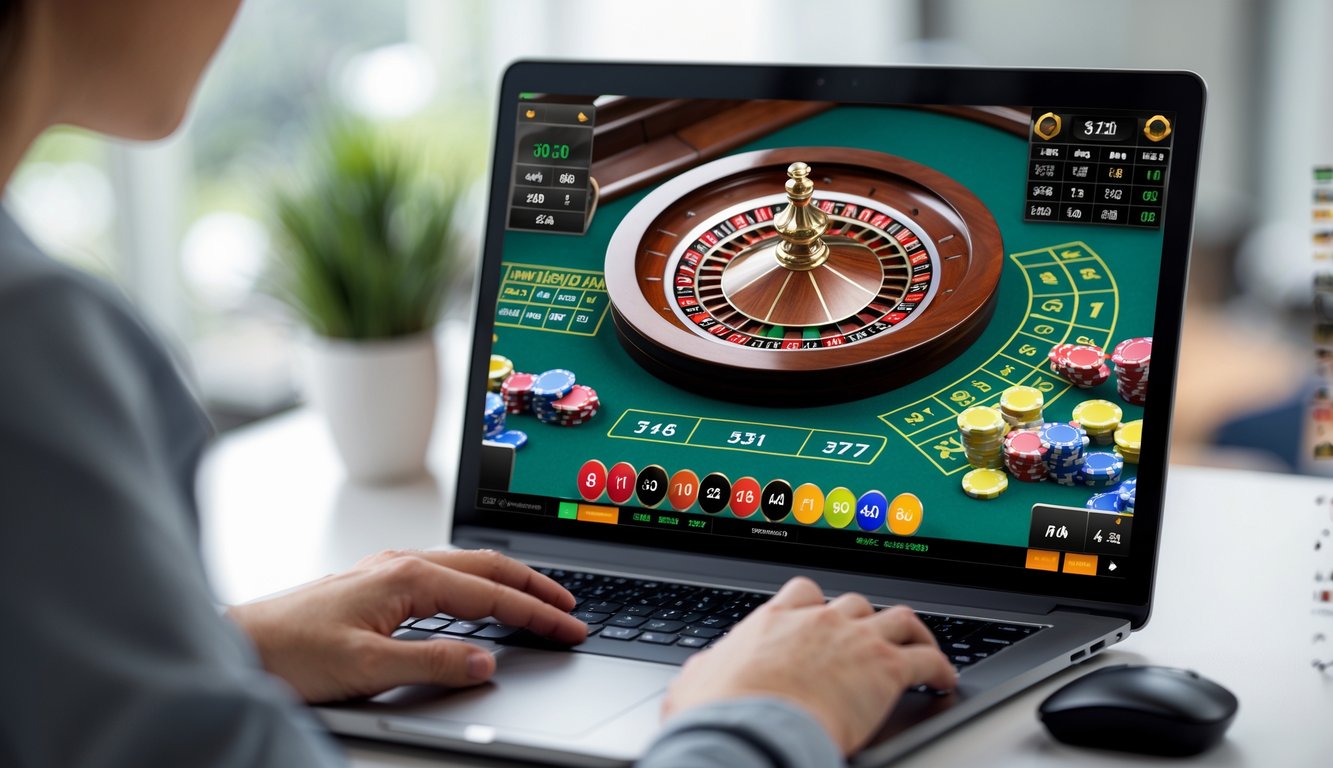 Seseorang bermain roulette online di depan layar komputer dengan roda roulette dan chip taruhan terlihat jelas.