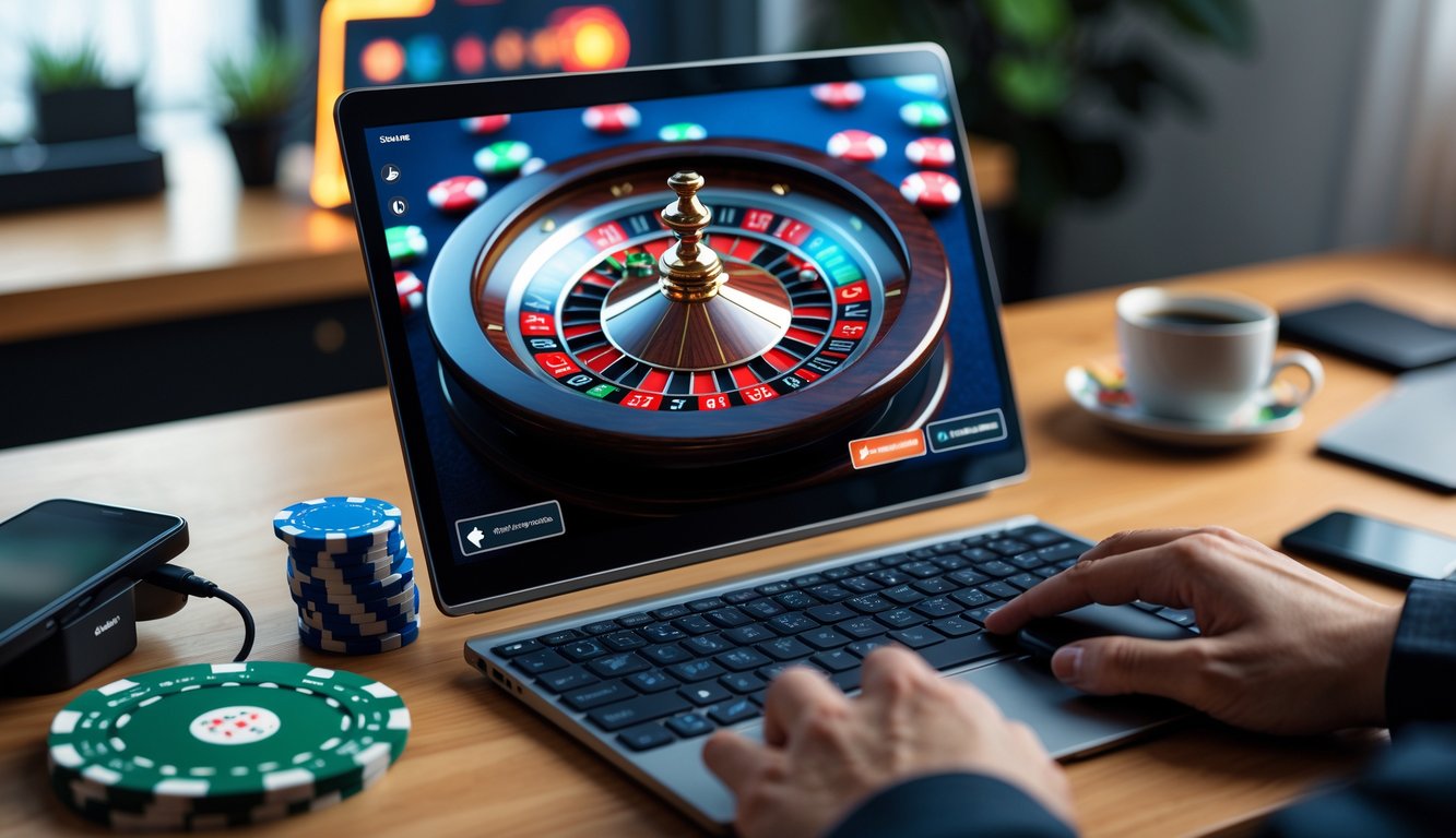 Seseorang menggunakan komputer dengan tampilan roda roulette digital dan chip judi di meja.