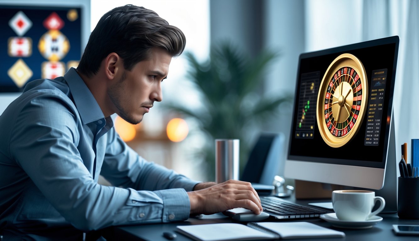 Seorang pria muda duduk di meja dengan laptop yang menampilkan roda roulette digital dan grafik statistik, tampak fokus menganalisis strategi bermain roulette online.