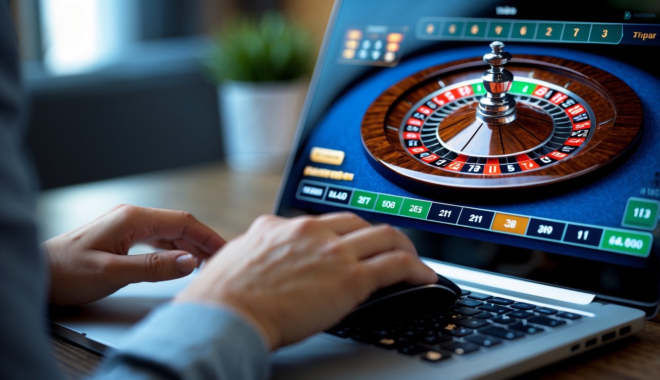 Seseorang menggunakan laptop dengan tampilan roda roulette digital di layar dalam suasana ruangan yang nyaman.