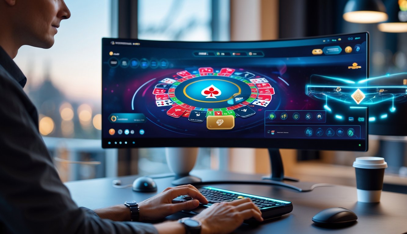 Seorang pemain sedang bermain poker online di depan komputer dengan tampilan game poker yang cerah dan modern.