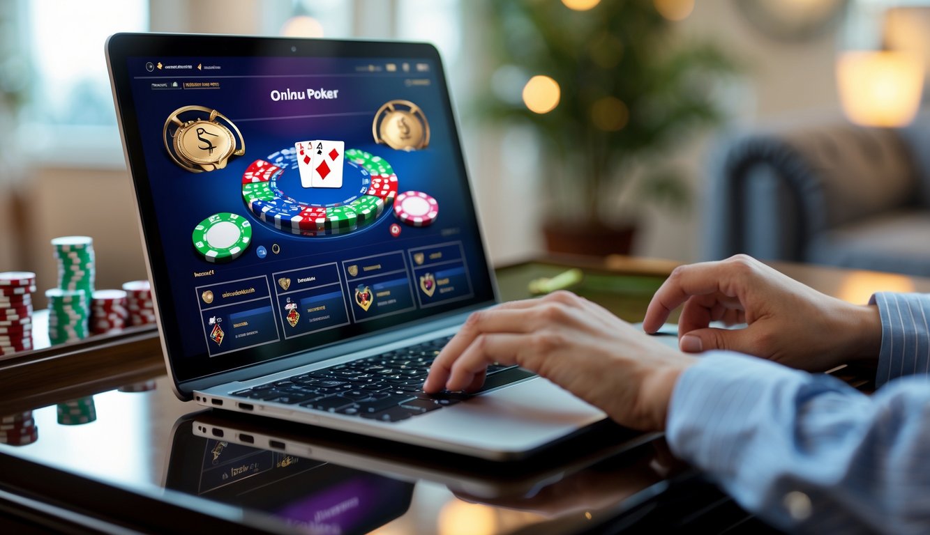 Seseorang menggunakan komputer dengan permainan poker online resmi di layar di sebuah ruangan yang nyaman.
