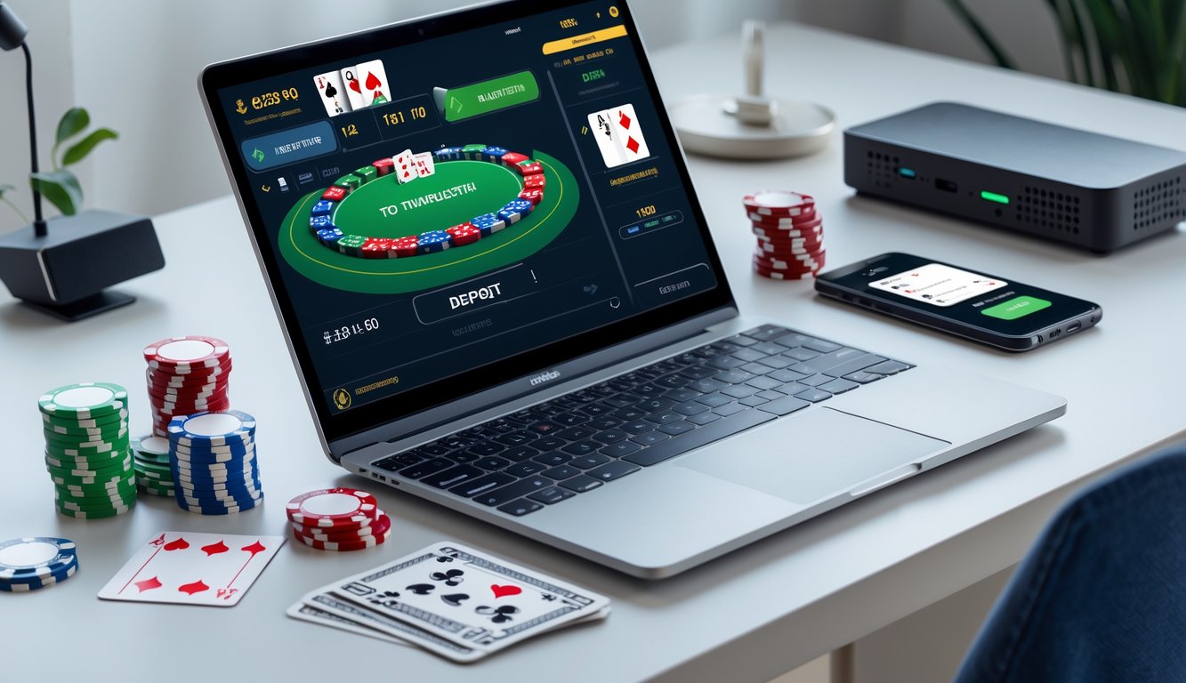 Seorang pengguna sedang melakukan deposit poker online menggunakan laptop dan ponsel di atas meja kerja yang rapi.