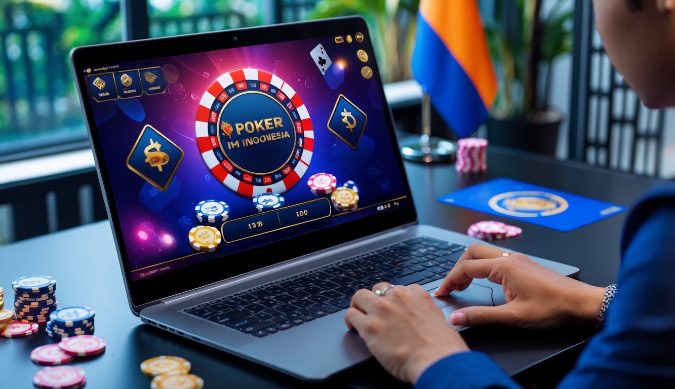 Seseorang sedang bermain poker online dengan uang asli di depan komputer di ruang kerja modern dengan dekorasi yang menunjukkan nuansa Indonesia.