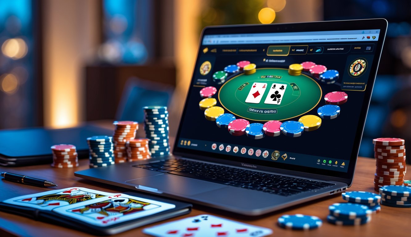 Sebuah laptop dengan permainan poker online di layar, dikelilingi oleh tumpukan chip poker dan kartu remi di atas meja, menunjukkan suasana strategi bermain poker.