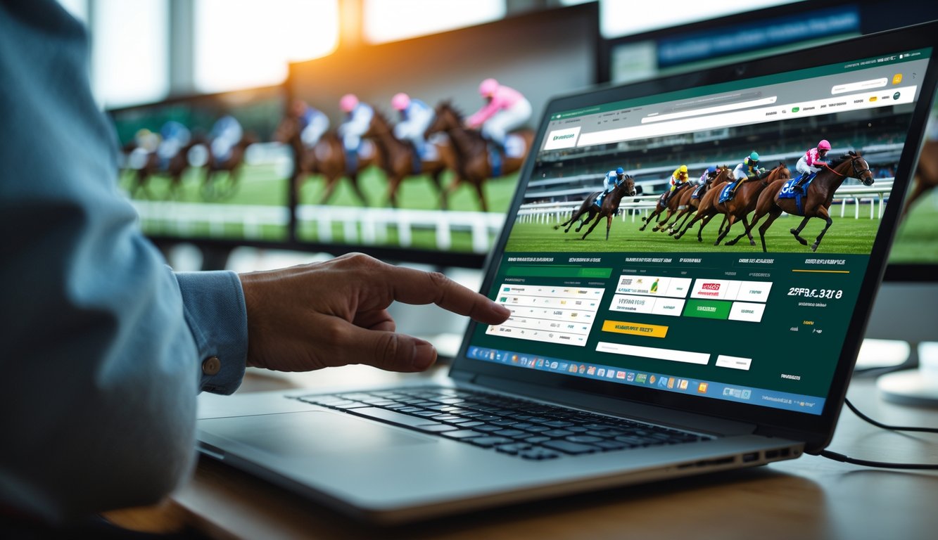 Seorang pengguna sedang menggunakan laptop untuk memasang taruhan balap kuda online dengan layar menampilkan informasi balapan dan kuda yang sedang berlomba di latar belakang.