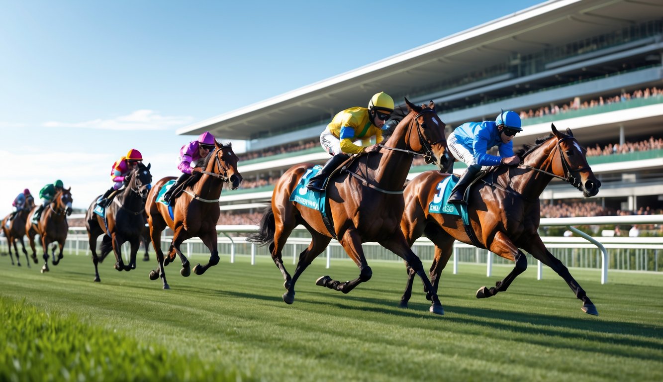 Beberapa kuda pacu berlari cepat di lintasan dengan joki yang mengenakan pakaian balap berwarna-warni, di depan tribun penonton yang ramai.