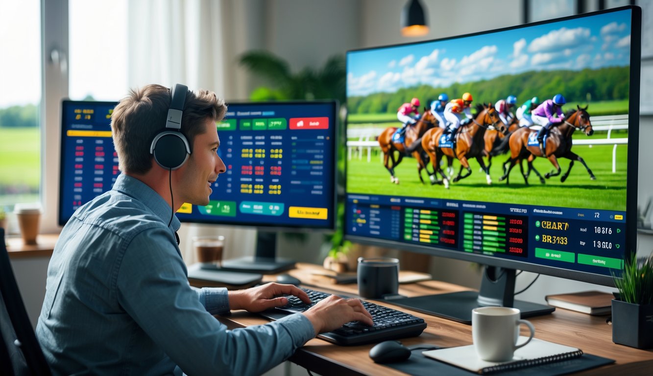 Seseorang duduk di depan komputer dengan layar menampilkan balap kuda online, terlihat fokus dan bersemangat saat mengikuti perlombaan kuda di layar.