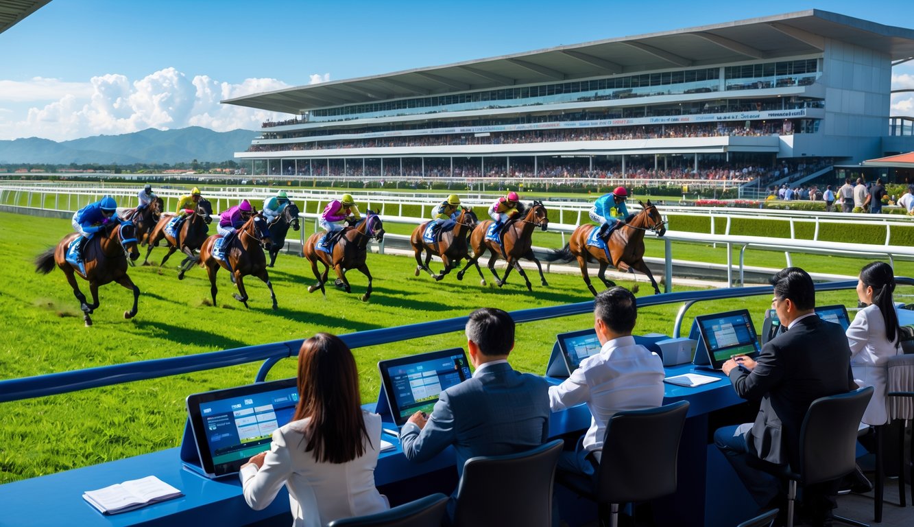 Orang-orang sedang memasang taruhan di arena balap kuda dengan joki yang sedang berlomba di lintasan balap.