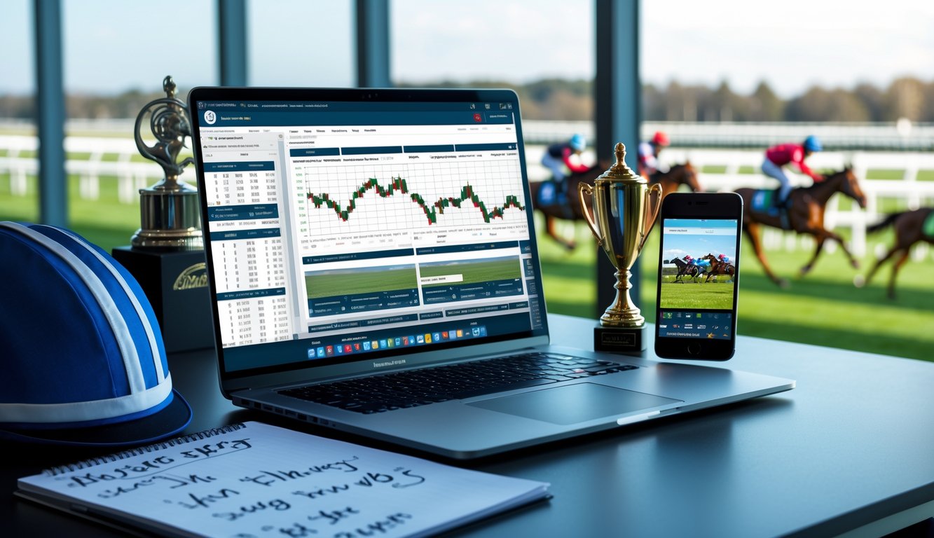 Sebuah meja kerja dengan laptop yang menampilkan statistik balap kuda, ponsel yang menyiarkan balapan langsung, dan beberapa perlengkapan balap kuda di dekat jendela yang memperlihatkan balapan kuda di latar belakang.