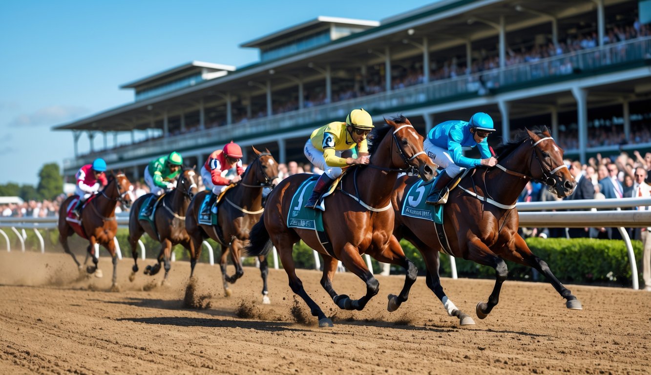 Adegan balap kuda dengan beberapa kuda dan joki sedang berlari di lintasan balap dengan penonton di latar belakang.