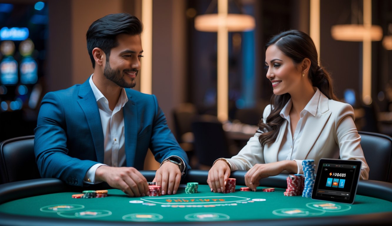 Seorang pria dan wanita duduk di meja poker dengan chip dan kartu, bermain poker online di tablet di ruangan yang nyaman.