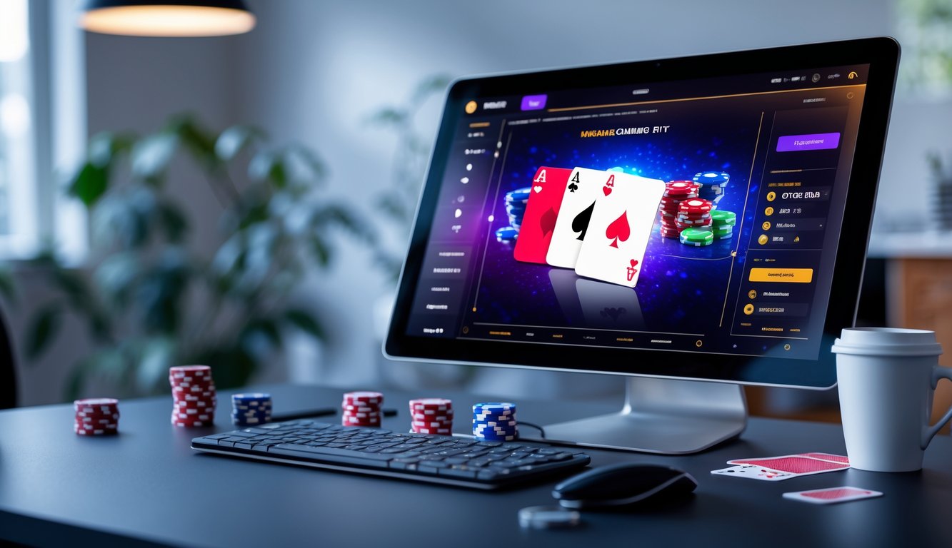 Sebuah meja kerja dengan komputer menampilkan permainan poker online dan beberapa chip poker serta kartu di sekitarnya.