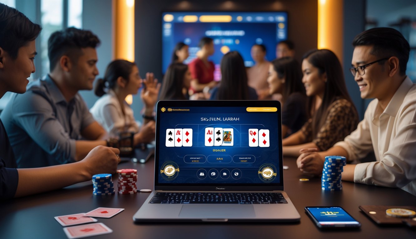 Sebuah ruang kerja modern dengan laptop yang menampilkan permainan poker online, chip poker dan kartu di atas meja, serta elemen budaya Indonesia seperti bendera kecil dan pola batik.