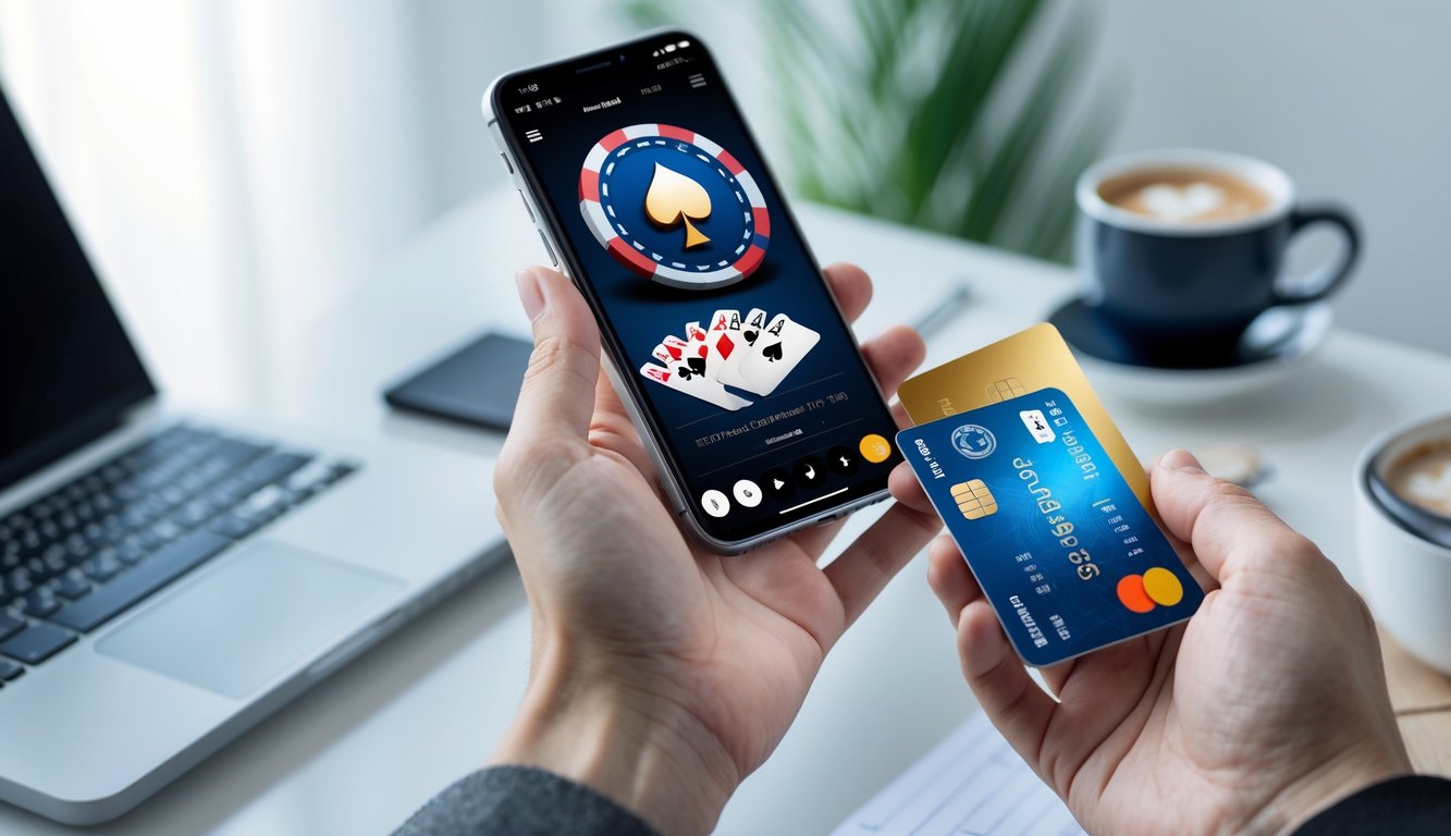 Seseorang menggunakan ponsel untuk bermain poker online dengan metode pembayaran digital di meja kerja yang rapi.