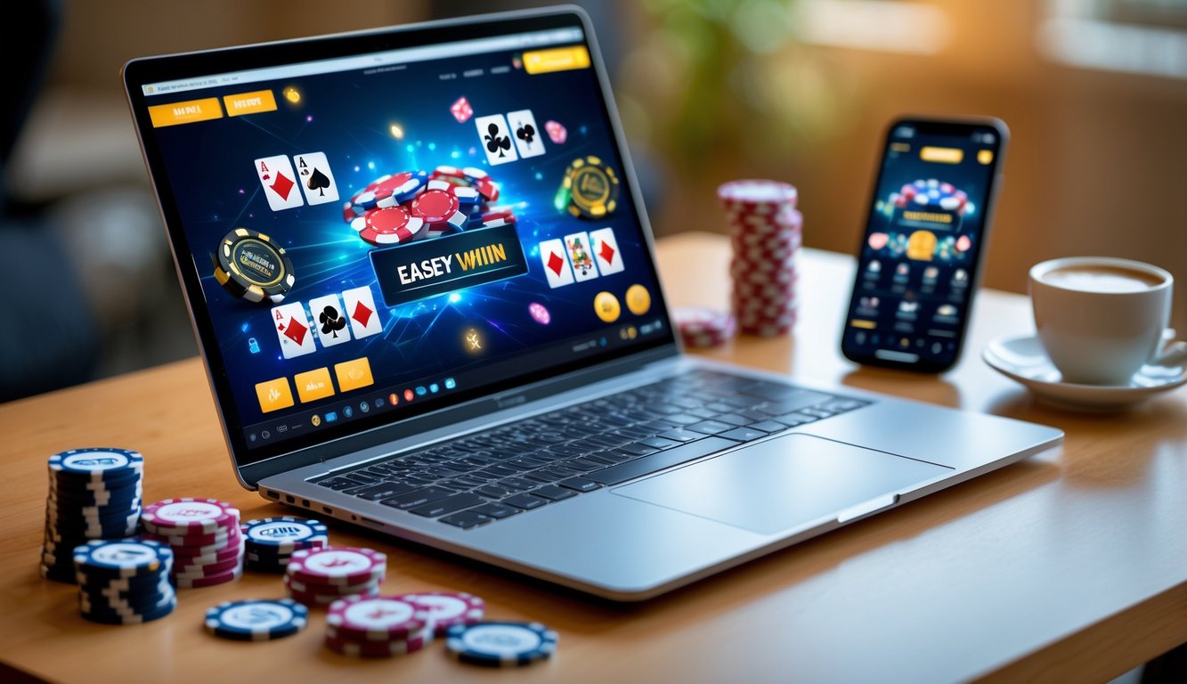 Seorang pemain poker online menggunakan laptop dengan chip poker dan kartu di meja.