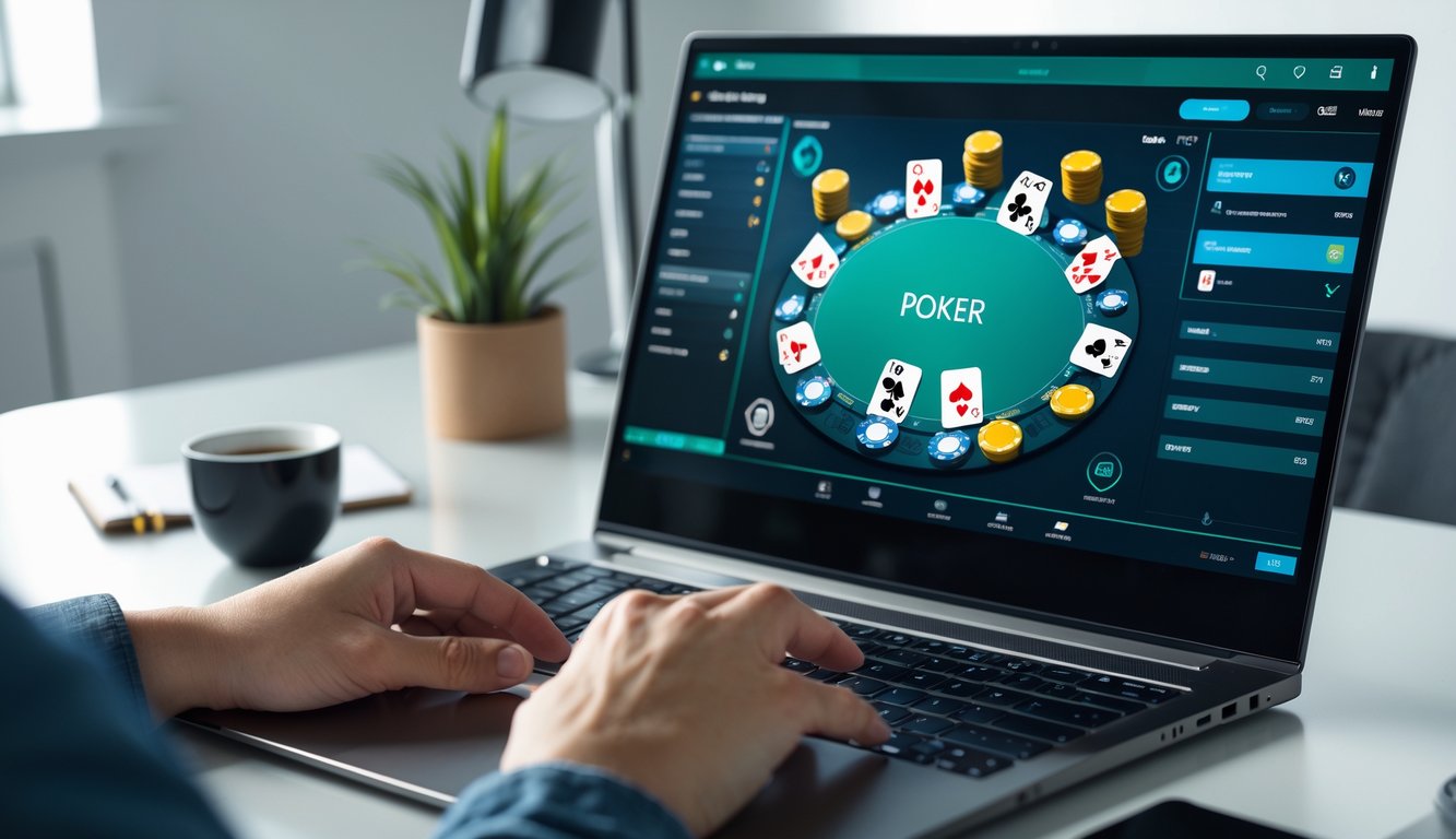 Seseorang bermain poker online menggunakan komputer di meja kerja dengan kartu dan chip poker virtual di layar.