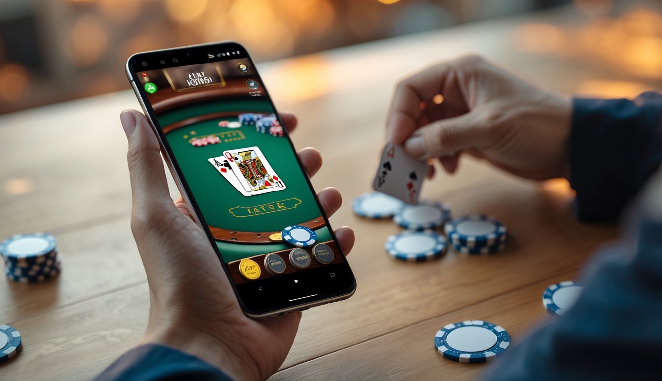 Sebuah ponsel Android menampilkan permainan poker online dengan chip dan kartu di atas meja kayu.
