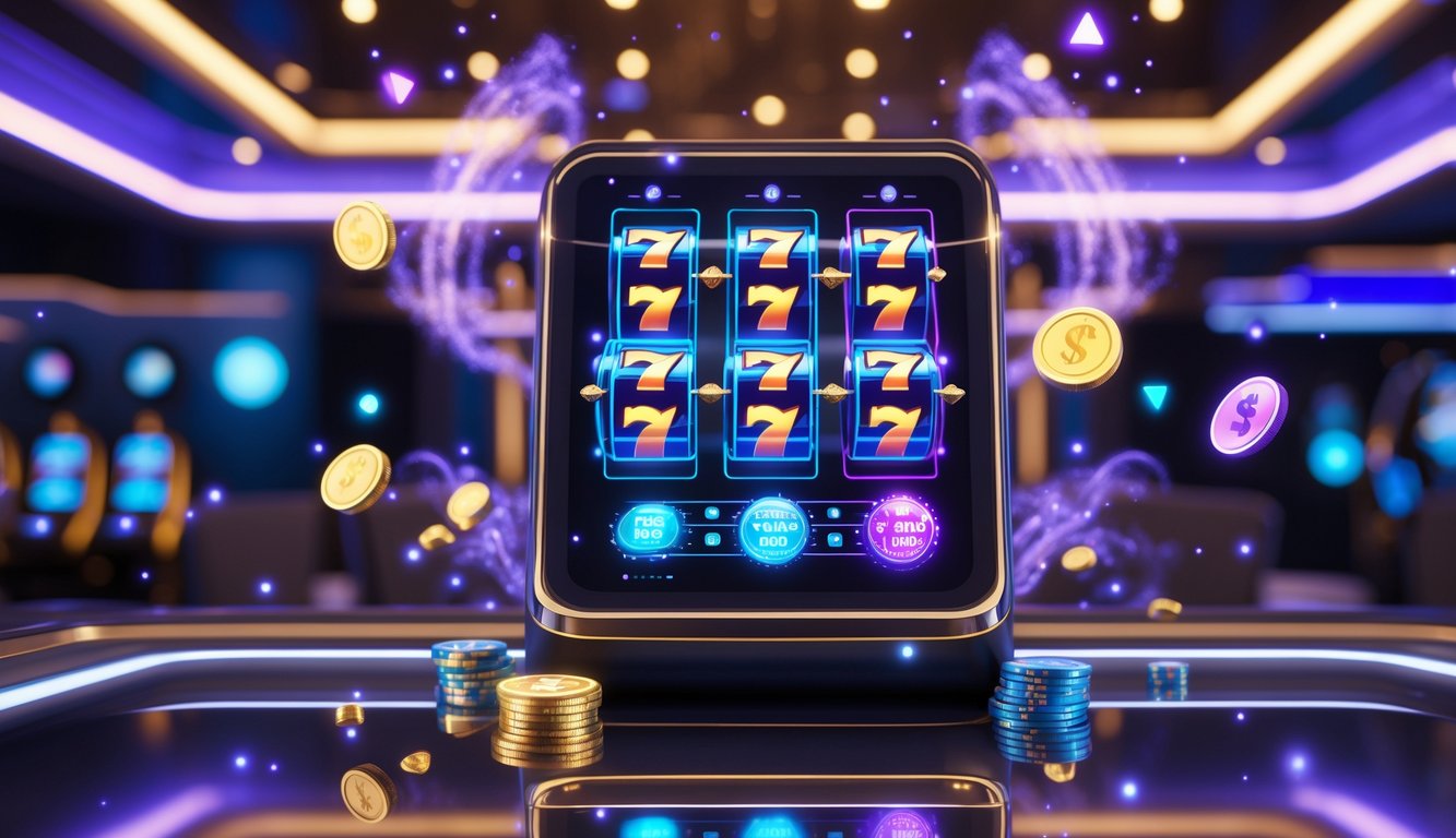 Mesin slot digital modern dengan layar transparan dan elemen holografik di latar kasino gelap.