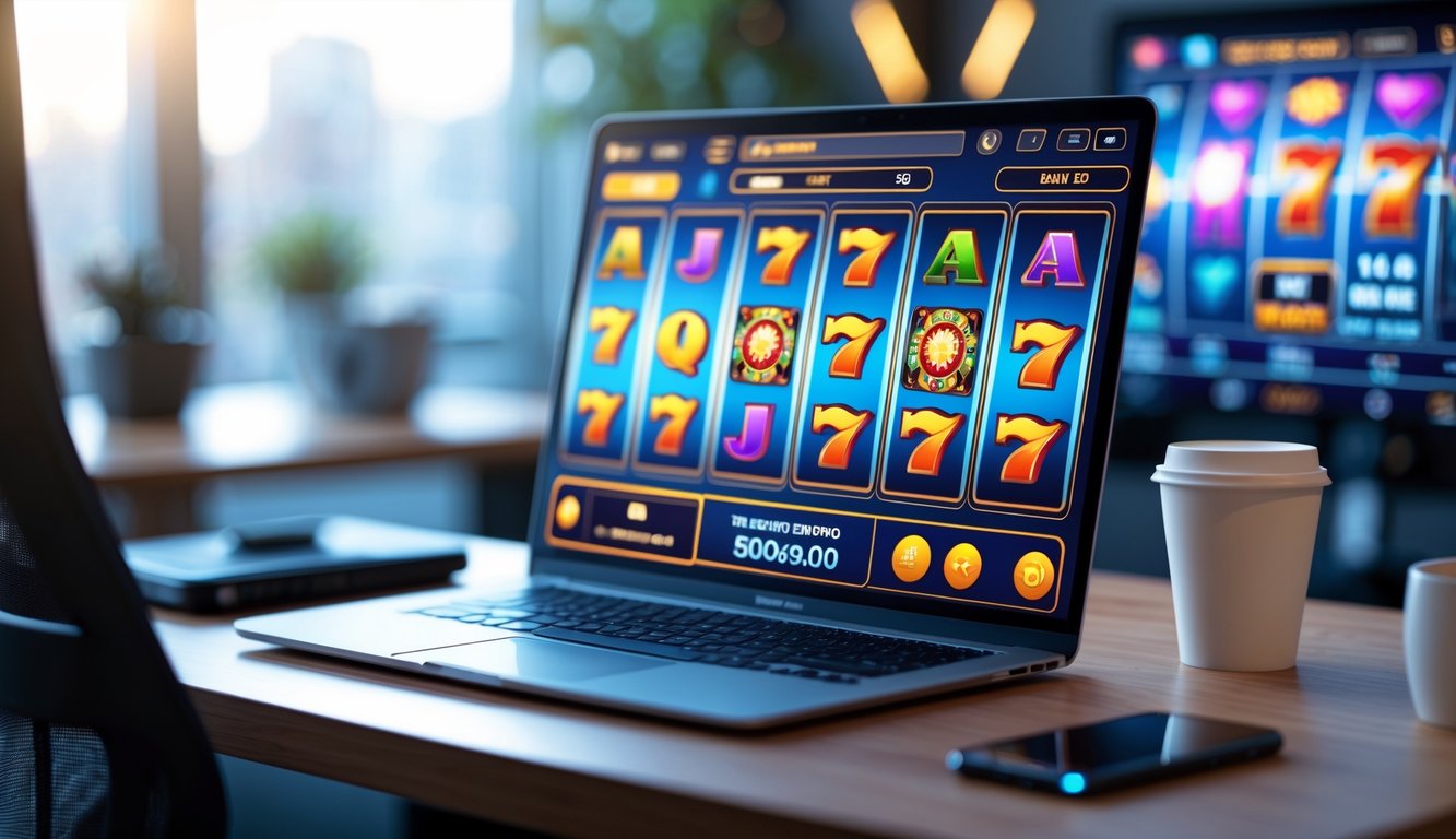 Seseorang menggunakan komputer untuk bermain permainan mesin slot online dengan latar belakang meja kerja yang rapi.