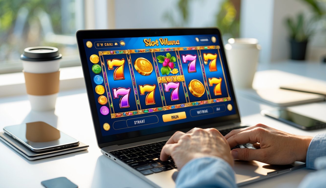 Seseorang sedang bermain permainan slot online di laptop di meja kerja dengan latar belakang peralatan kantor.