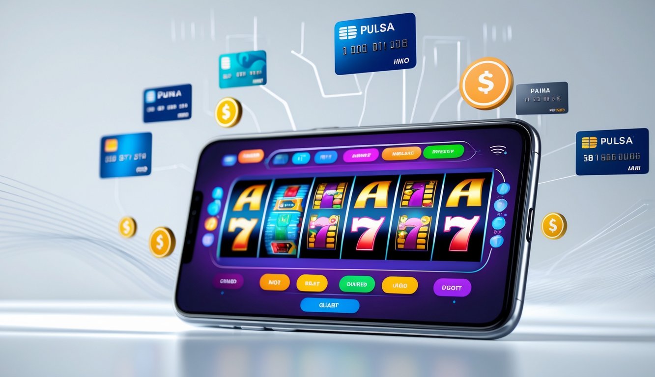 Sebuah smartphone menampilkan permainan slot online dengan ikon pembayaran digital di sekitarnya, menggambarkan konsep deposit pulsa tanpa potongan.
