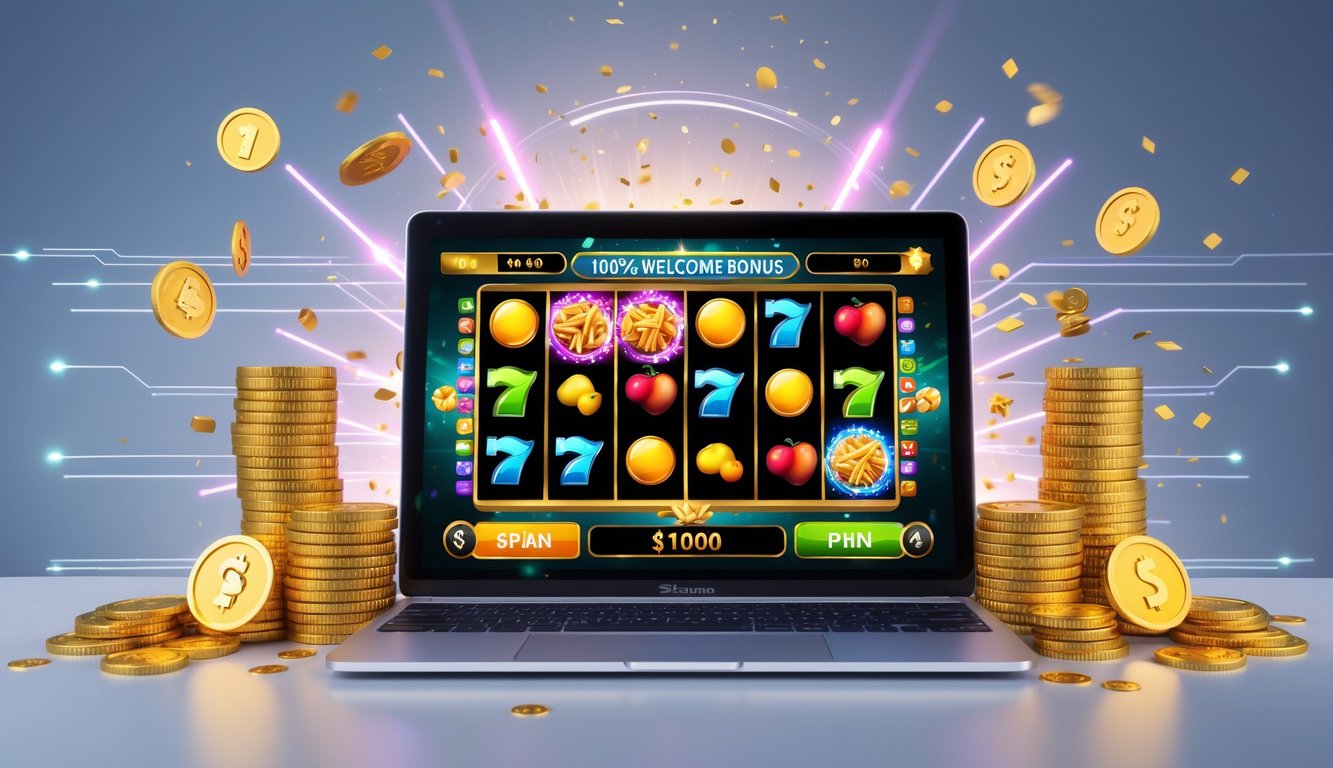 Layar komputer menampilkan permainan slot online dengan koin emas dan efek cahaya yang menggambarkan bonus sambutan untuk anggota baru.