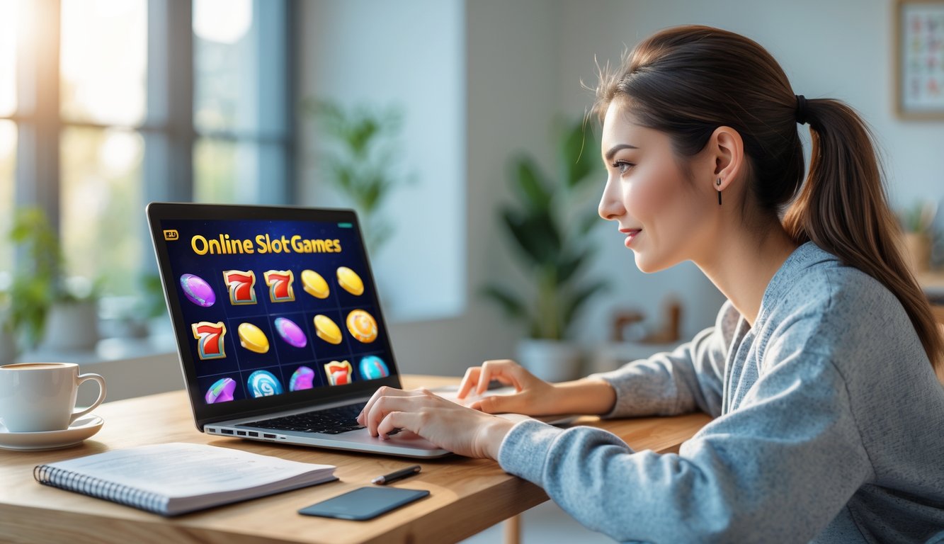 Seorang pemula bermain slot online di laptop di ruangan yang nyaman dengan cahaya alami.