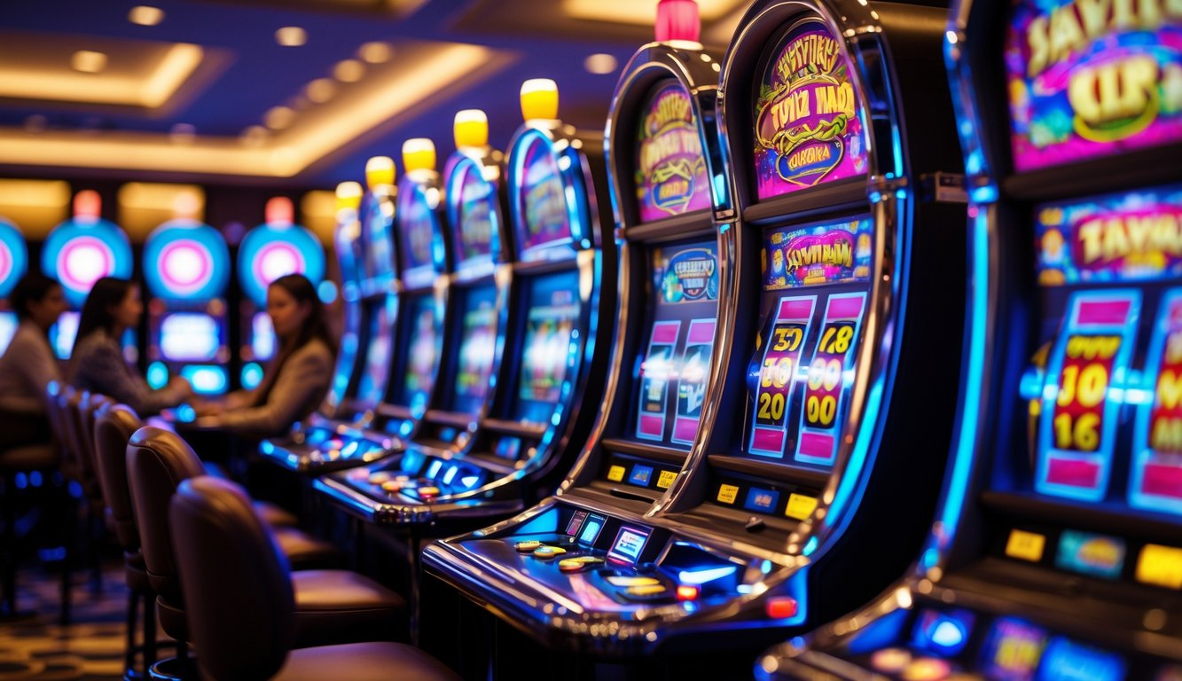 Area mesin slot di kasino dengan mesin-mesin berwarna cerah dan beberapa pemain di latar belakang