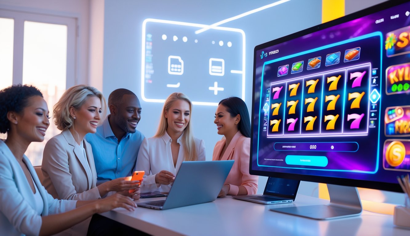 Beberapa orang sedang bermain permainan slot online di perangkat digital di ruangan modern yang terang dan bersih.