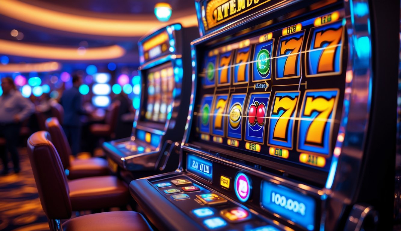 Mesin slot modern dengan gulungan berwarna-warni dan lampu berkedip di lantai kasino yang ramai.