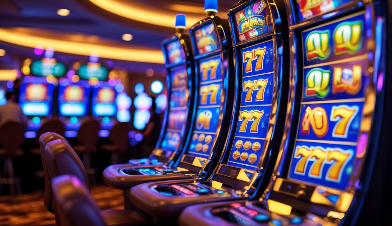 Mesin slot modern berwarna cerah dengan simbol berputar di dalam kasino yang ramai.