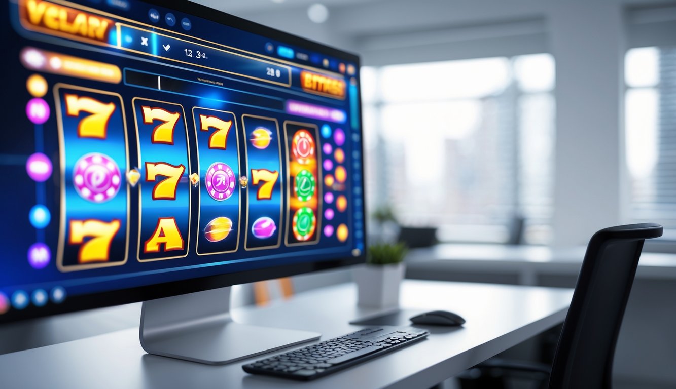 Antarmuka permainan slot digital yang modern di layar komputer di lingkungan kantor yang rapi dan terang.