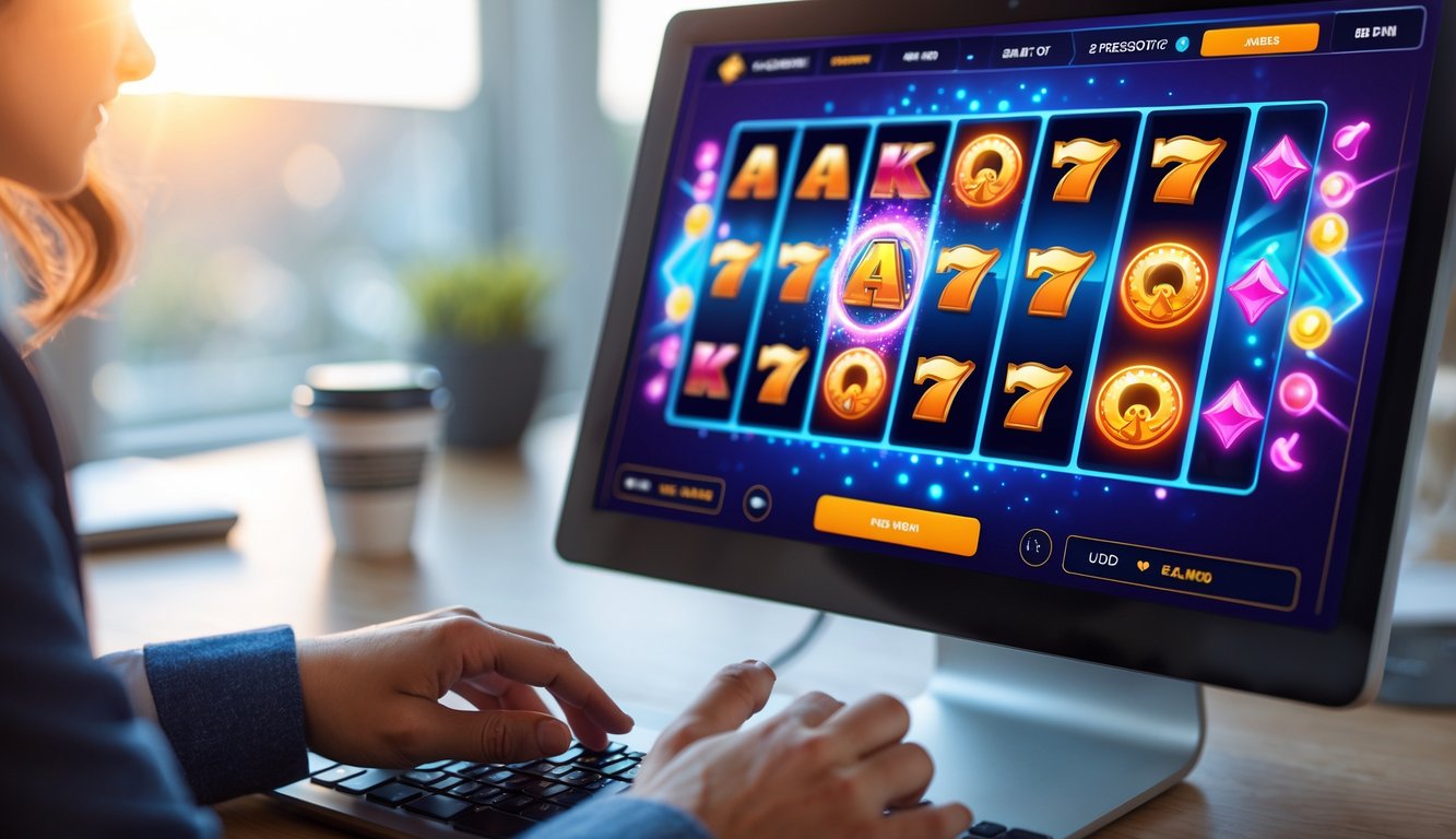 Tampilan layar komputer dengan permainan slot online berwarna cerah di ruang kerja yang rapi dan nyaman.