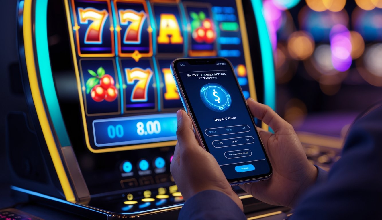 Layar mesin slot digital berwarna cerah dengan seseorang memegang ponsel yang menunjukkan transaksi pembayaran pulsa tanpa potongan.
