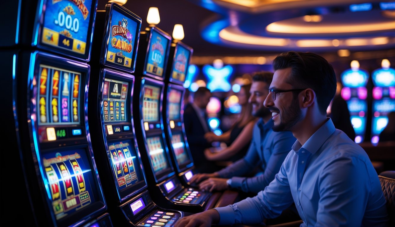 Suasana kasino malam dengan mesin slot menyala dan orang-orang bermain dengan fokus dan antusias.