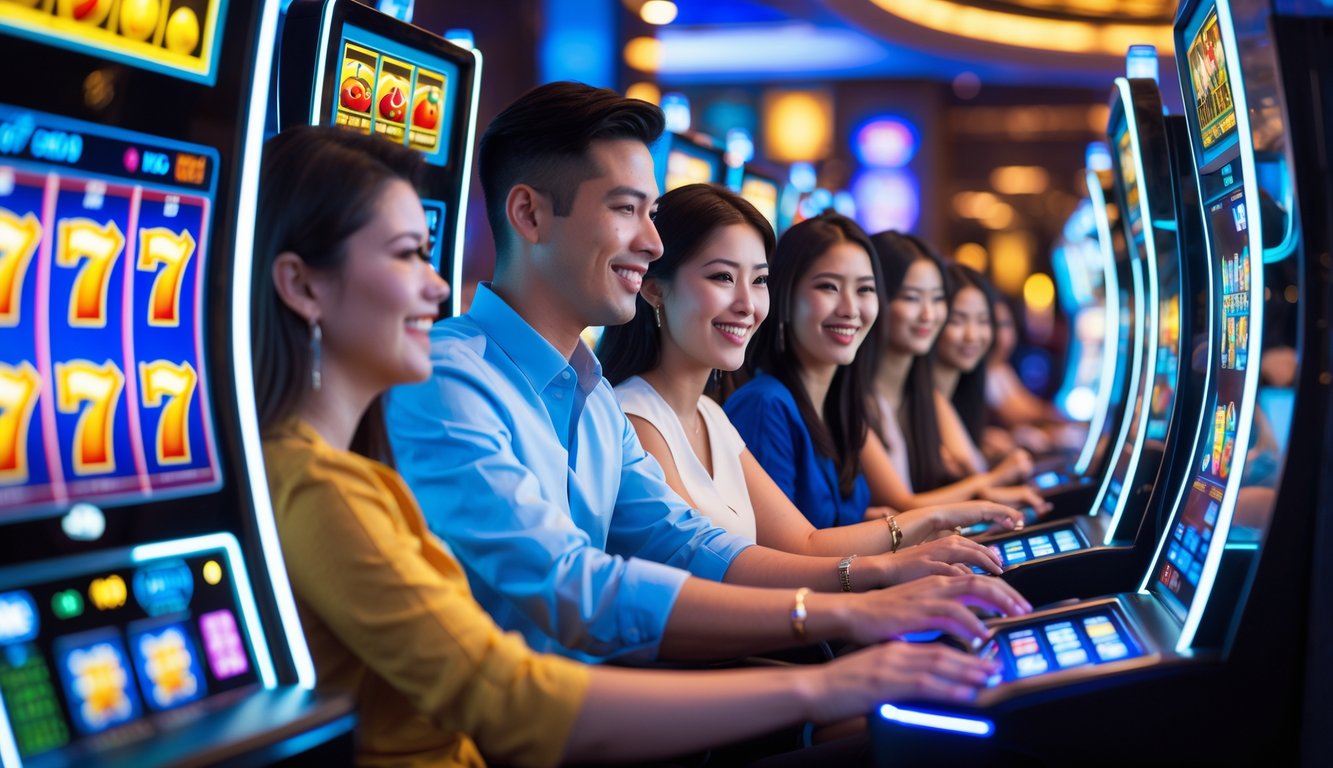 Beberapa orang sedang bermain mesin slot di kasino modern dengan lampu warna-warni dan suasana yang ceria.