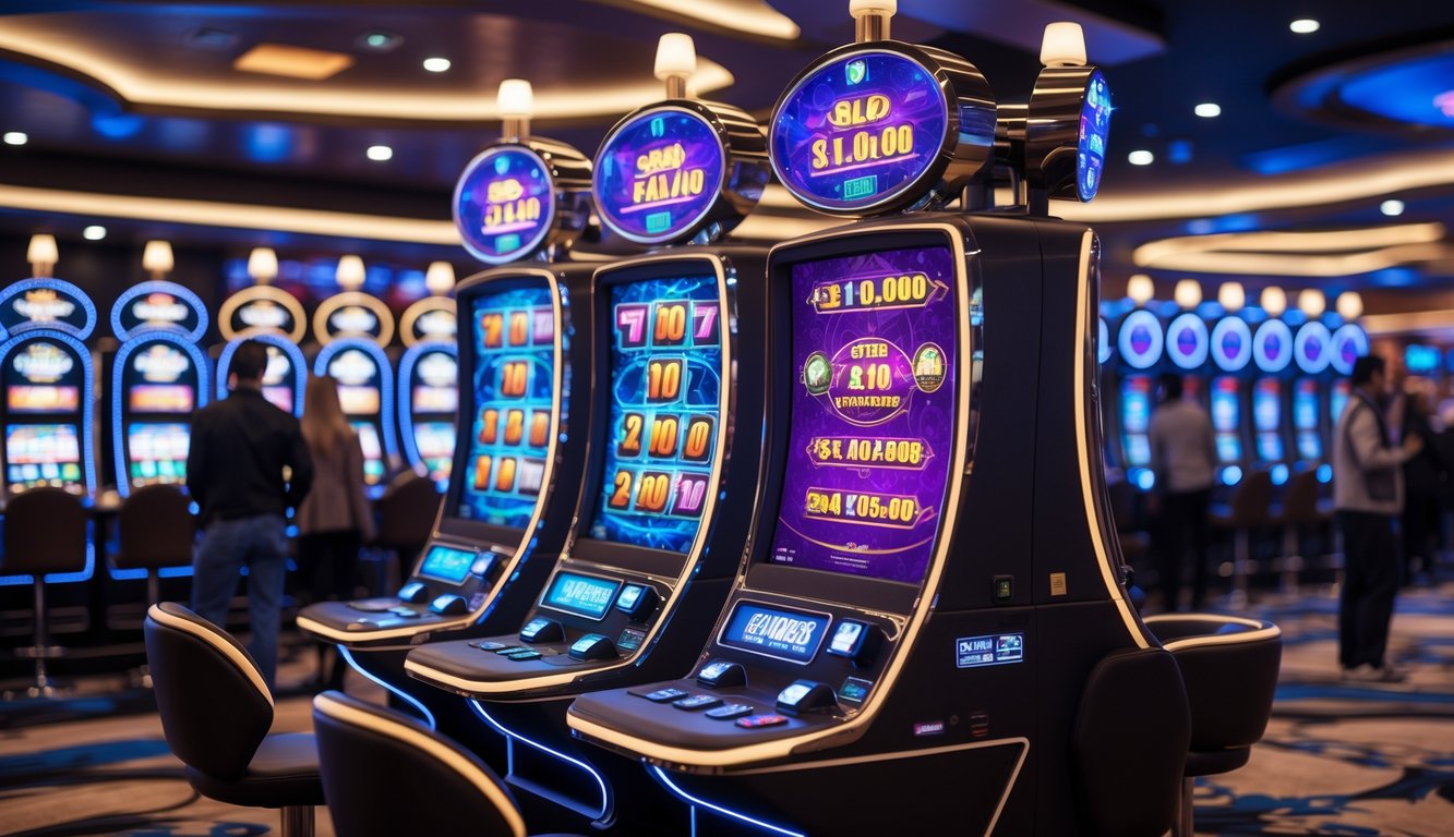 Suasana kasino modern dengan mesin slot populer yang menyala dan orang-orang bermain dengan antusias.