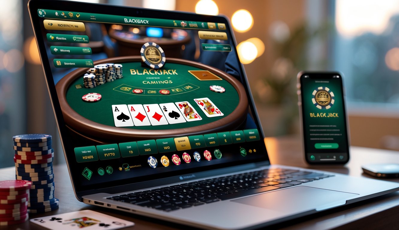 Sebuah laptop menampilkan permainan blackjack online dengan kartu dan chip di atas meja yang rapi.