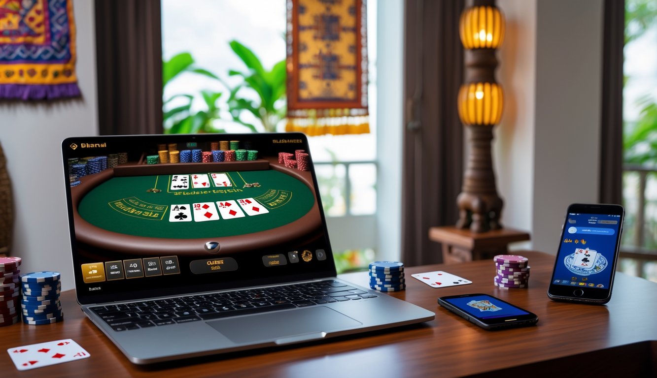 Seorang pemain menggunakan laptop dengan meja blackjack digital di layar, di meja terdapat kartu dan chip poker, dengan dekorasi tradisional Indonesia di latar belakang.