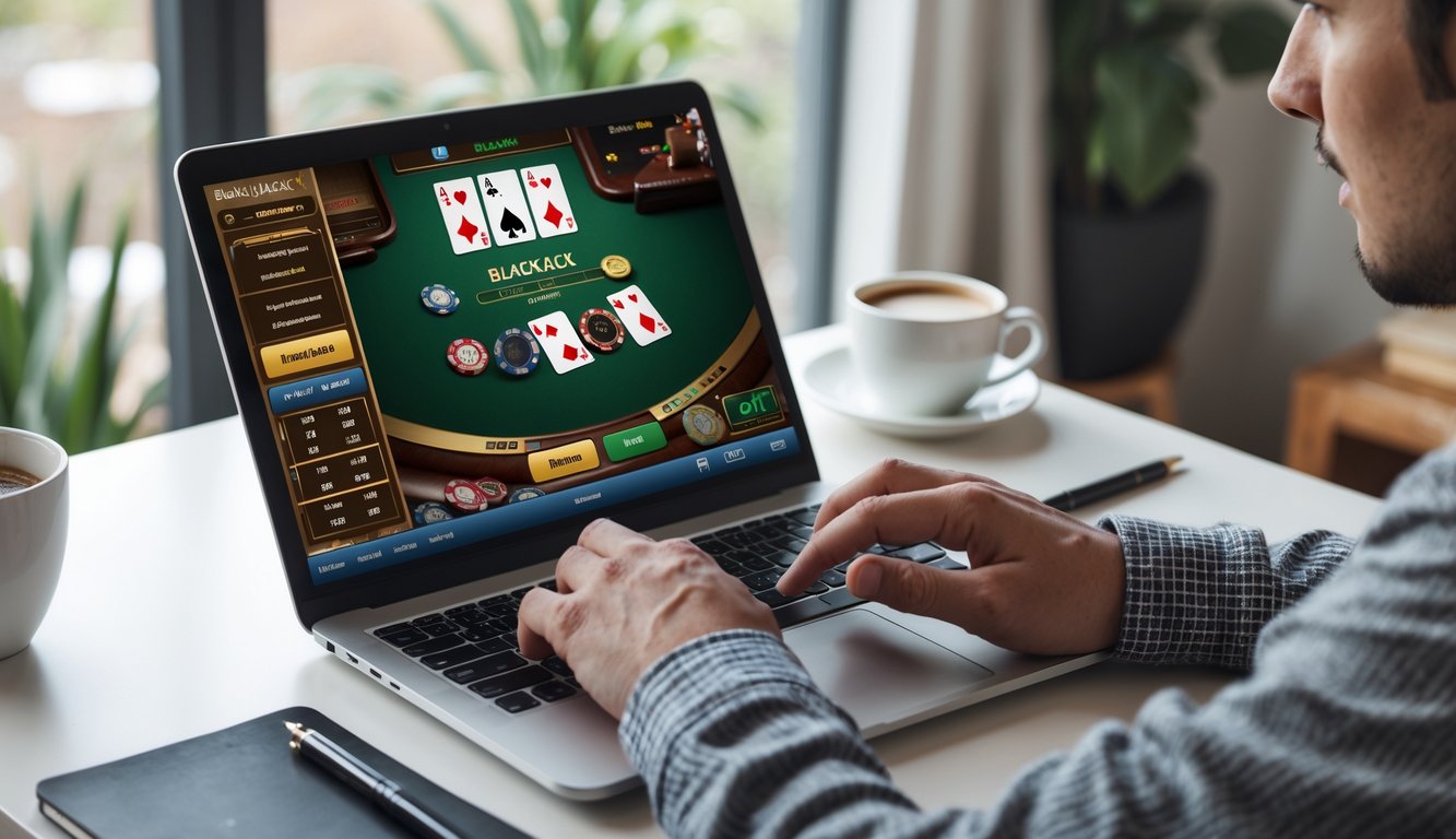 Seorang pemula sedang belajar bermain blackjack online di depan laptop di ruang tamu yang nyaman.