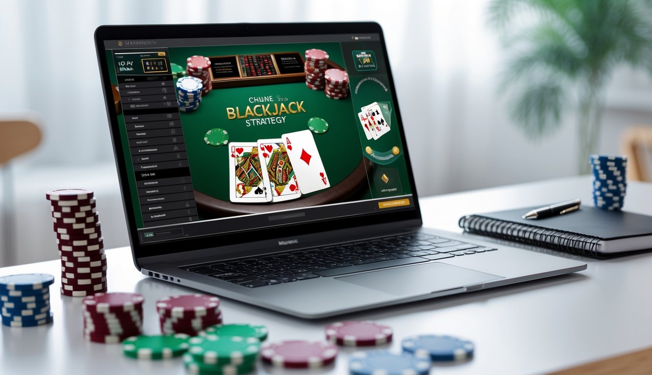Seorang pemain blackjack online dengan laptop yang menampilkan permainan blackjack dan tumpukan chip serta kartu di meja.