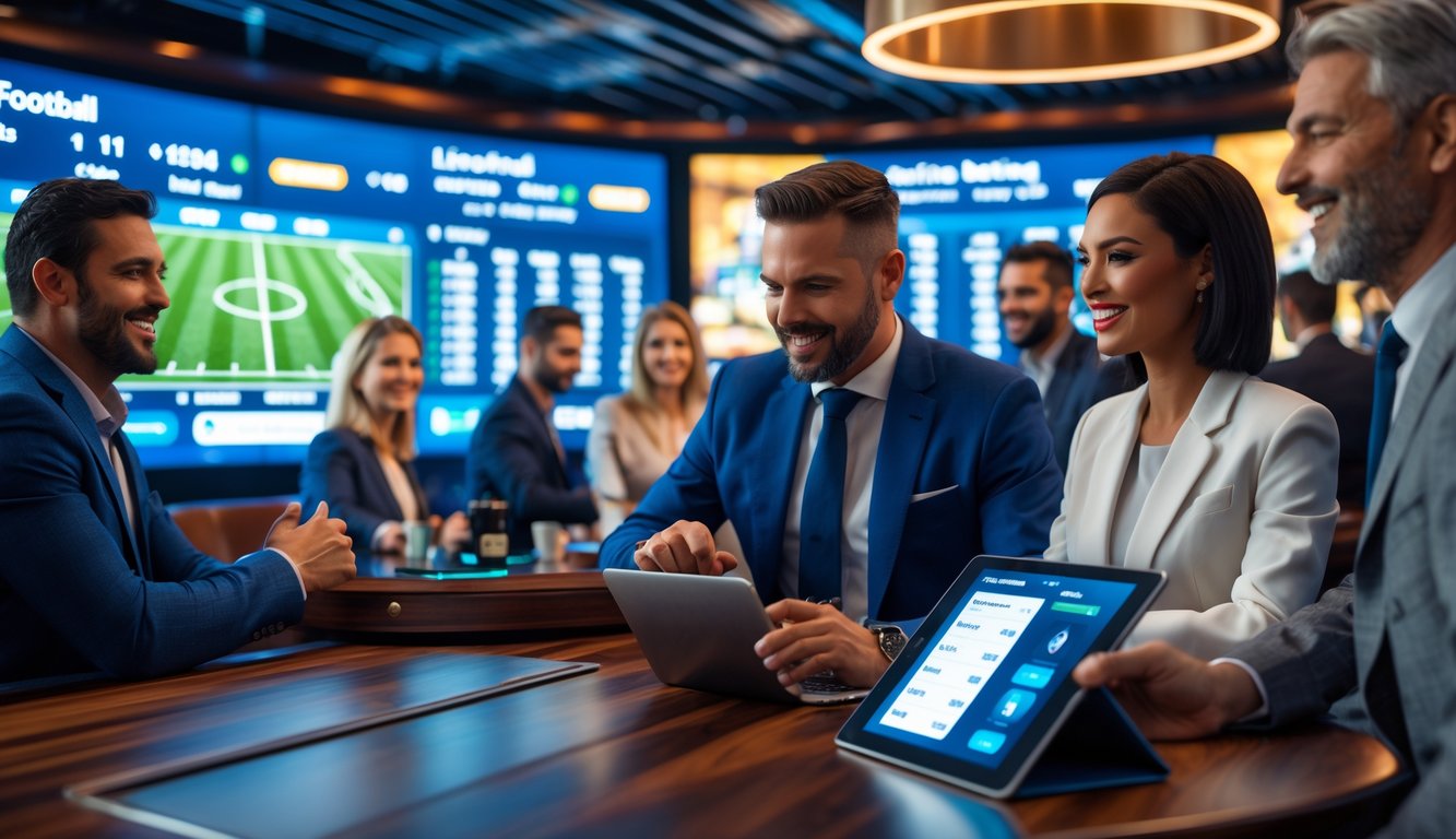 Orang-orang di ruang taruhan olahraga modern dengan layar besar menampilkan pertandingan sepak bola dan suasana profesional.